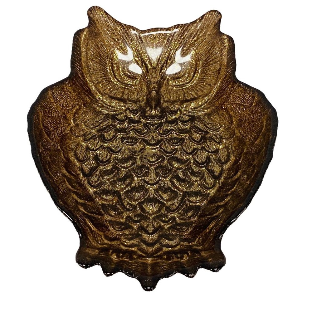 Glass Owl Reverse Painted Gold Metallic 8" Candy Dish Trinket Serving Pier 1 One